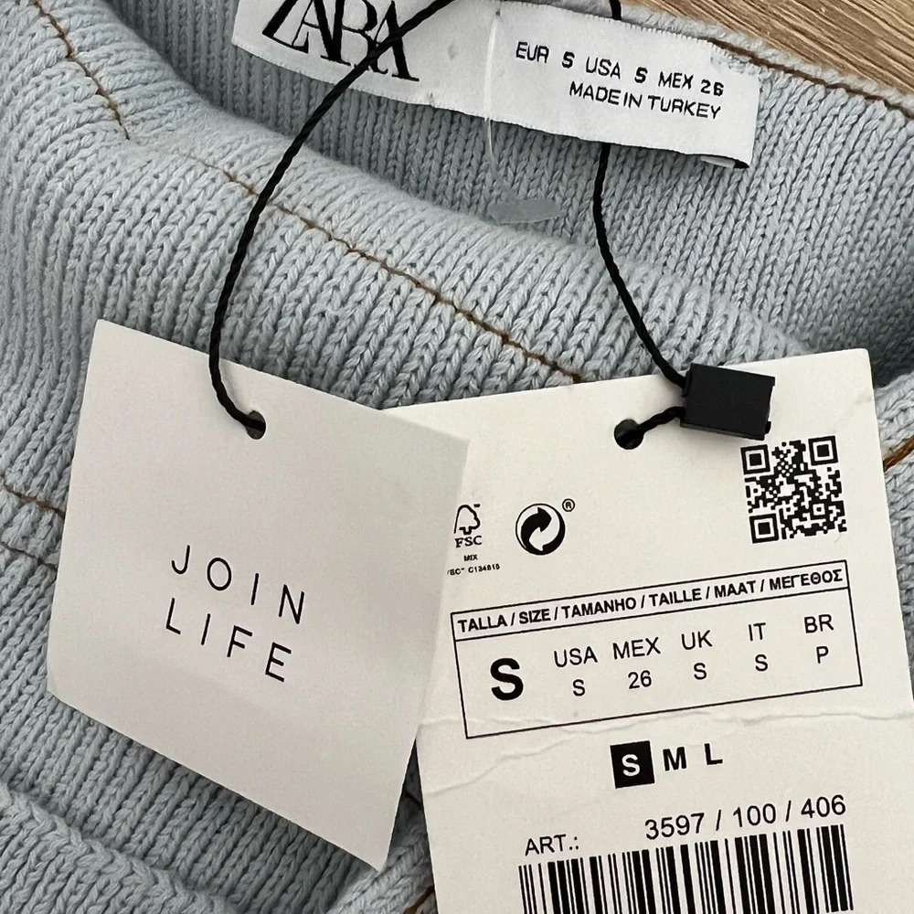 Zara Light Blue Knit Jumper Overall Mini Dress Size Small NWT - Picture 7 of 7